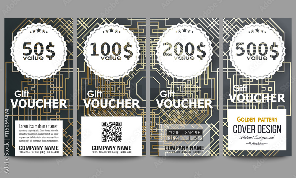 Poster set of modern gift voucher templates. golden technology pattern on dark background with connecting l
