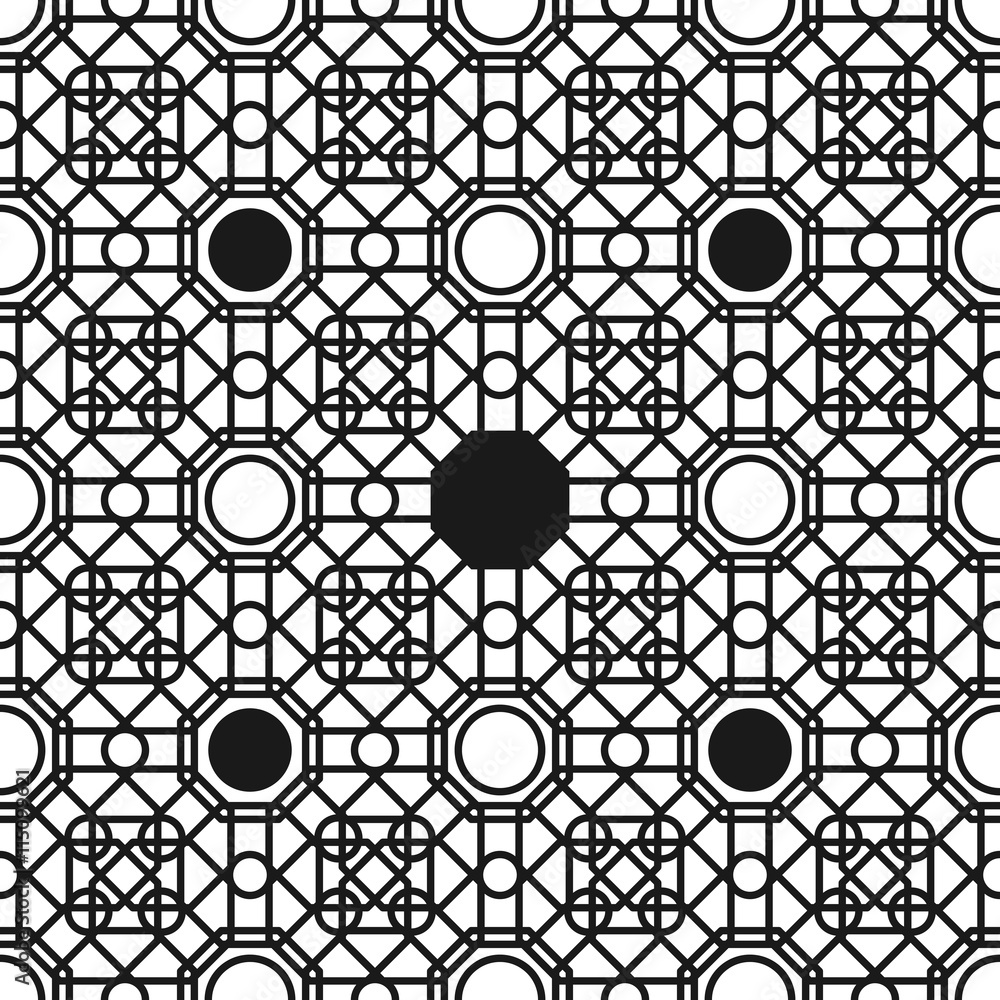Poster seamless pattern with overlapping geometric shapes forming abstract ornament. vector stylish black t