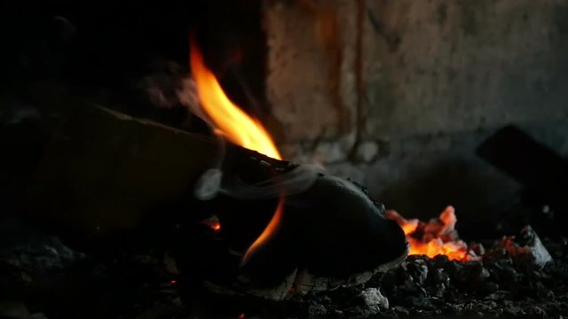 burning furnace in the blacksmith workshop, slow motion