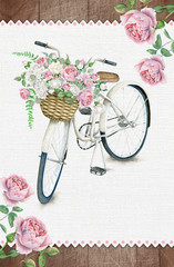 Postcard template with white bicycle and rose basket on white paper background. 4.25’’x 6.25’’ format with bleed - 115100022