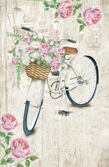 Pocztówkowy szablon z białym bicyklem i różanym koszem na textured tle. Format 4.25''x 6.25 '' z spadem - 115100031
