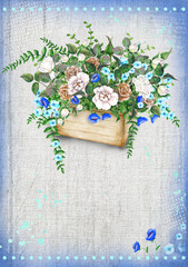 Postcard template with flower basket on textured background. 5.25’’x 7.25’’ format with bleed