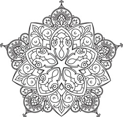Abstract vector black lace design in mono line style - five-finger mandala, ethnic decorative element.