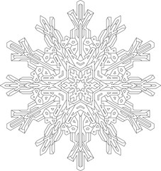 Outlines of snowflake in mono line style for coloring, coloring book. Vector geometric pattern.