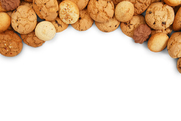 Lots of cookies and biscuits at white with copy space