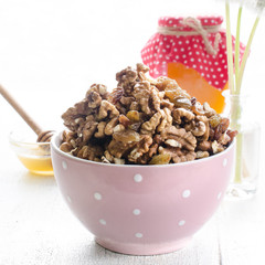 Bowl with walnut, still life rustic