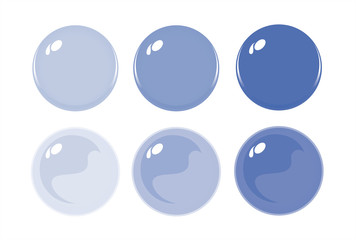 Illustration of icon bottons isolated on white. Set of light Blue Purple color labels, 6 bottons. Graduation color. Glass balls. Vector 