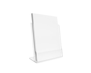 Blank flyer mockup glass plastic transparent holder isolated. Plain flier stand. Clear brochure holding. Clean sheet mock up design presentation. Shows flyer. Pamphlet design. Empty paper template.