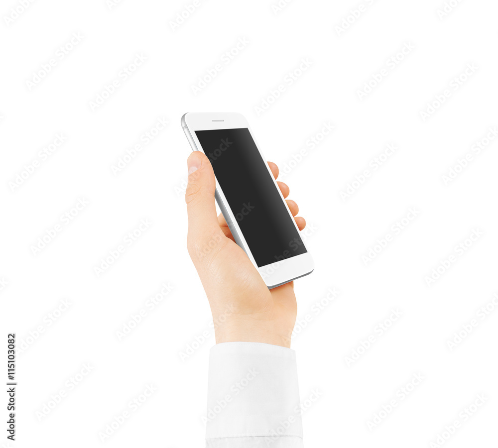 Poster white smart phone blank screen mock up holding in hand. mockup of smartphone empty display isolated.