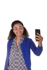 Young professional well dressed african american woman with a cell phone isolated on white