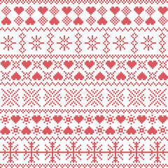 Scandinavian,  Nordic style winter stitching Christmas seamless pattern  including snowflakes, hearts, snow, stars elements and  decorative ornaments in red on white background  background
