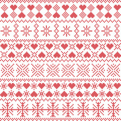 Scandinavian,  Nordic style winter stitching Christmas seamless pattern  including snowflakes, hearts, snow, stars elements and  decorative ornaments in red on white background  background
