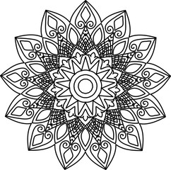 Drawing of a abstract vector with floral round lace mandala, decorative element in ethnic tribal style, black line art on a white background