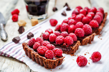 chocolate tart with chocolate filling and fresh raspberries