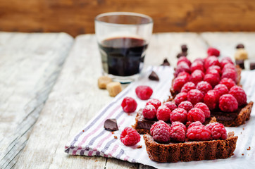 chocolate tart with chocolate filling and fresh raspberries