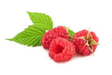 raspberries with leaf on white