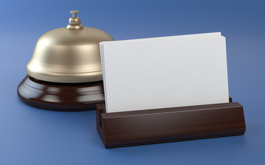 Reception bell and business card - blue background 