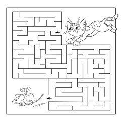 Cartoon Vector Illustration of Education Maze or Labyrinth Game for Preschool Children. Puzzle. Coloring Page Outline Of cat with dragonfly. Coloring book for kids.