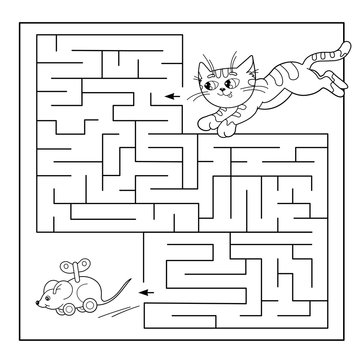 Cartoon Vector Illustration of Education Maze or Labyrinth Game for Preschool Children. Puzzle. Coloring Page Outline Of cat with dragonfly. Coloring book for kids.