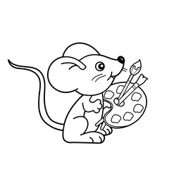 Obraz premium Coloring Page Outline Of cartoon little mouse with brushes and paints. Coloring book for kids