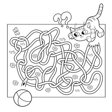 Cartoon Vector Illustration of Education Maze or Labyrinth Game for Preschool Children. Puzzle. Tangled Road. Coloring Page Outline Of cat with ball. Coloring book for kids. 