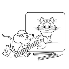 Coloring Page Outline Of cartoon little mouse with pencils with picture of cat. Coloring book for kids