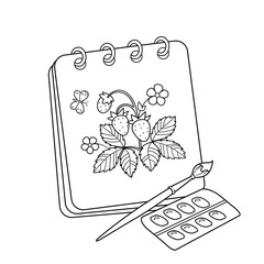 Coloring Page Outline Of cartoon album or sketchbook with brush and paints. Drawing of strawberries. Coloring book for kids