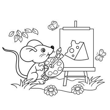 Coloring Page Outline Of cartoon little mouse with picture of cheese with brush and paints. Coloring book for kids
