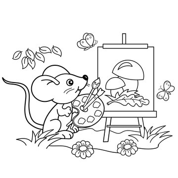 Coloring Page Outline Of cartoon little mouse with picture of mushrooms with brush and paints in the meadow with butterflies. Coloring book for kids