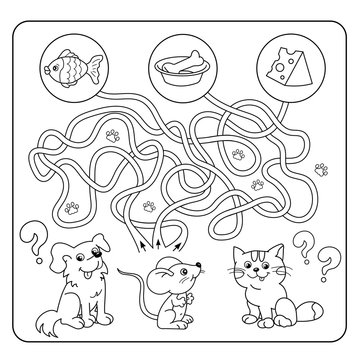 Maze or Labyrinth Game for Preschool Children. Puzzle. Tangled Road. Matching Game. Cartoon Animals and their Favorite Food. Coloring book for kids. 