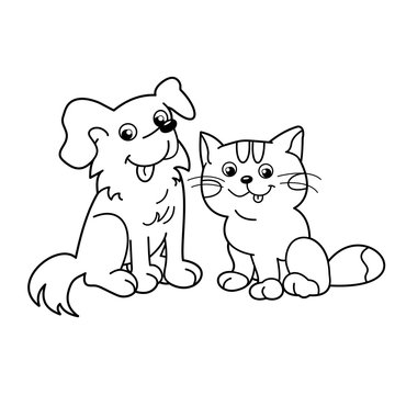 Coloring Page Outline Of cartoon cat with dog. Pets. Coloring book for kids. 
