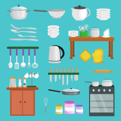 Kitchenware icons vector set.Cartoon kitchen utensil collection spoon pot food knife fork cup pan spatula ladle plate dish bowl colander whisk grater.Steel kitchen household cutlery, cooking equipment