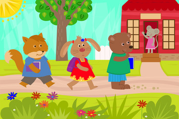 Animals Back To School - Cute fox, rabbit and a bear are going back to school. Eps10