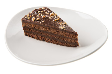 Chocolate cake slice on white background