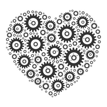 Heart shape mosaic of cog wheels. Looks like clockwork heart or love machine. Grey illustration on white background.
