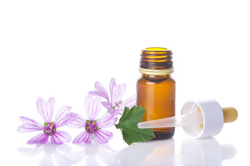 Flores de malva y bote con aceites esenciales para medicinas alternativas aislado en fondo blanco