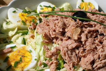 organisch, lifestyle, thunfisch, salat, nicoise, close-up, closeup, backgrounds, werbetafel, neu, modern
