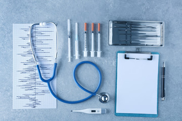 Medical tools set on gray background
