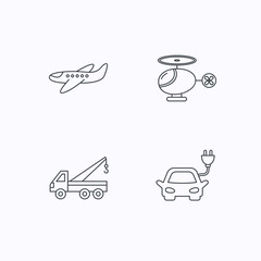 Electric car, airplane and helicopter signs.