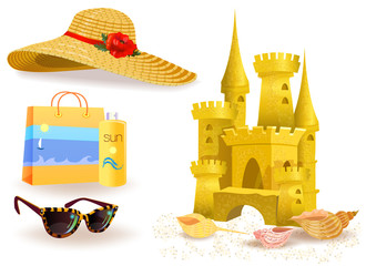 Sand castle on the sand of the sea, beach bag, spray tanning and sun glasses and straw hat from the sun with large fields isolated on white.