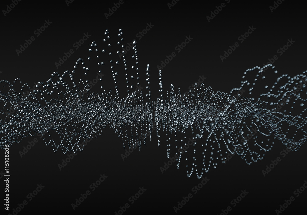 Poster abstract 3d rendering of waves with particles on black background. futuristic background with lines 