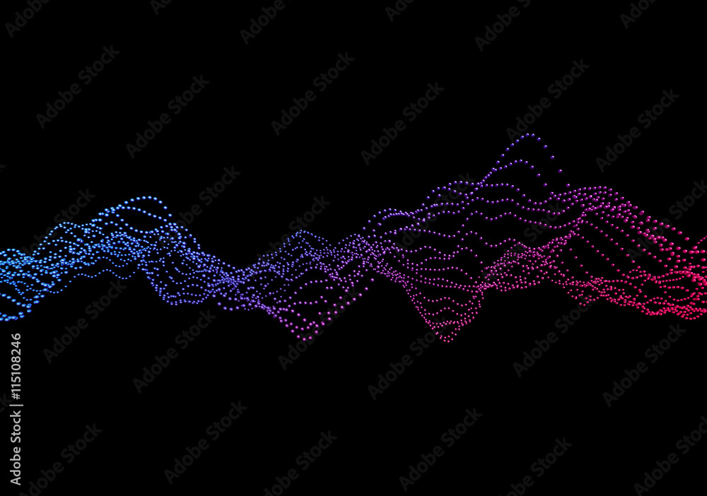 Poster abstract 3d rendering of waves with particles on black background. futuristic background with lines 