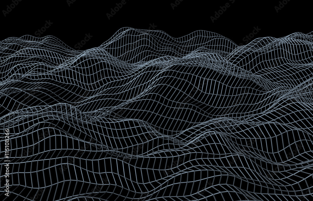 Poster abstract 3d rendering of surface with waves on black background. futuristic background. design for p