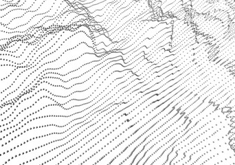 Abstract 3d rendering of waves with particles on white background. Futuristic background with lines of many low poly spheres. Design for poster, cover, banner, placard
