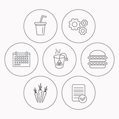 Hamburger, tea bag and soft drink icons.