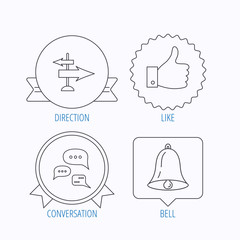 Direction, thumb up and conversation icons.