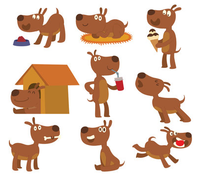 Set of dog character vector format sitting, standing pedigree design. Vector set of funny terrier cartoon dogs mammal playful animal. Cute dog and puppy icons puppy domestic friend.