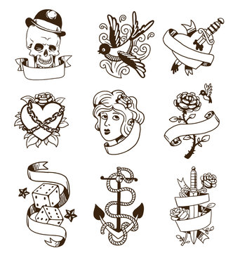 Old school tattoo elements vector set. Cartoon vector tattoos in funny style anchor, dagger, skull, flower, star, heart and old vintage ink hand drawn tattoo. Woman head rose thorns and wounded heart