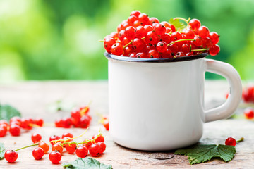Mug of Red currant berries on table outdoors