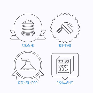 Dishwasher, kitchen hood and mixer icons.